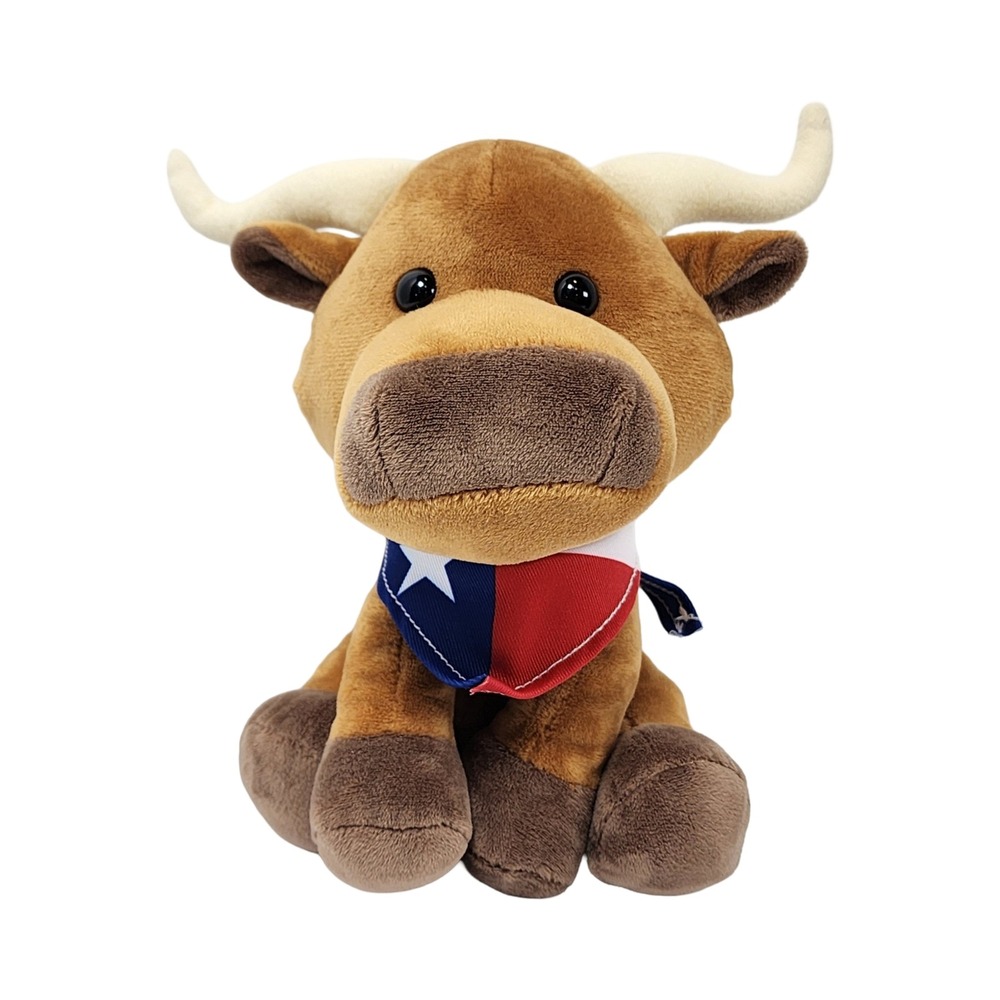 DolliBu Texas Longhorn Bull Plush Stuffed Animal with Texas Flag Bandana 9 Inch